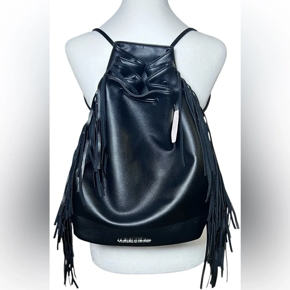 VICTORIA'S SECRET Black Faux Leather Fringe Drawstring Bucket Backpack NWT tags - Picture 3 of 11